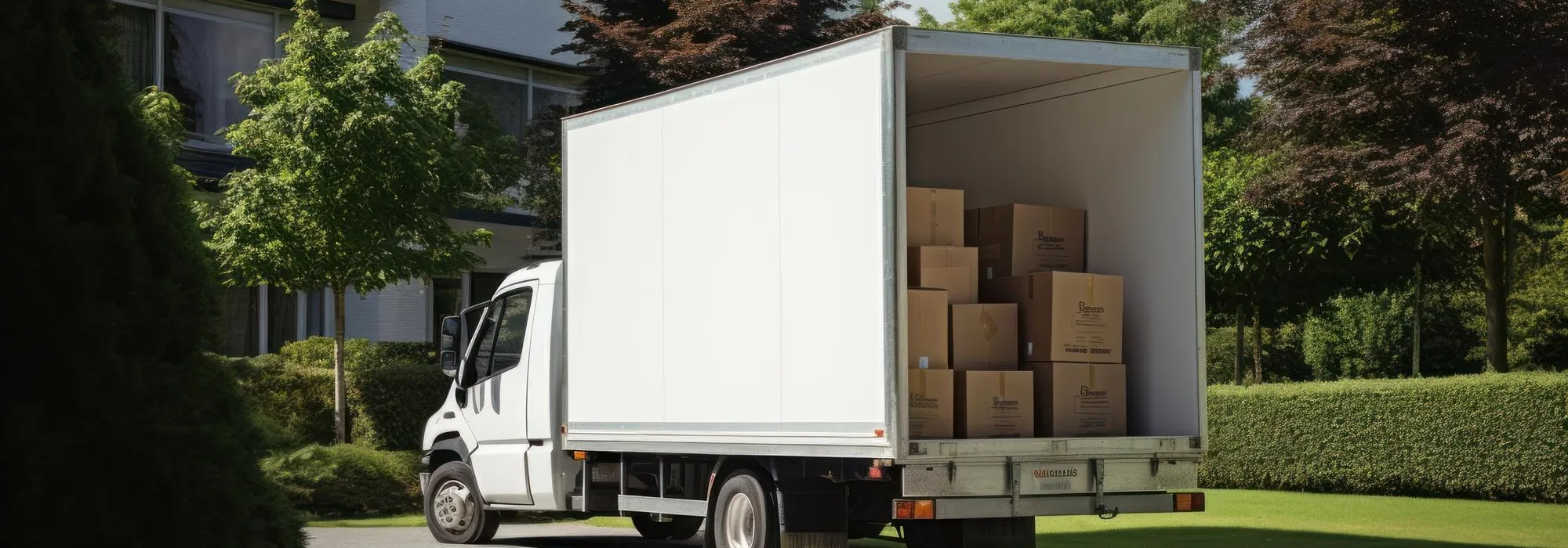 Flyttbil lastad med kartonger utanför villa