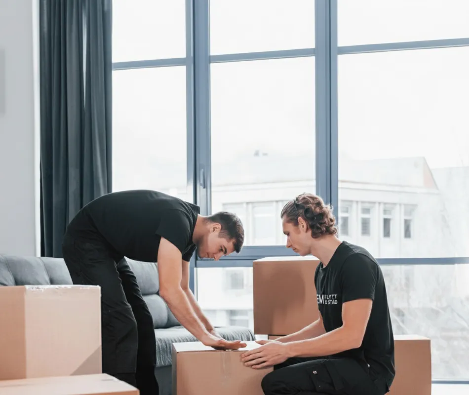 Flyttfirma team packar kartonger tillsammans